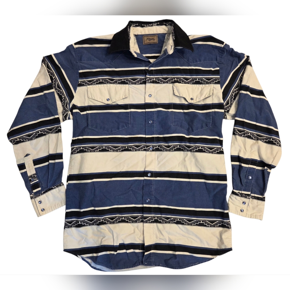 Vintage Roper Pearl Snap Western Shirt L Blue Black Stripe Western Design